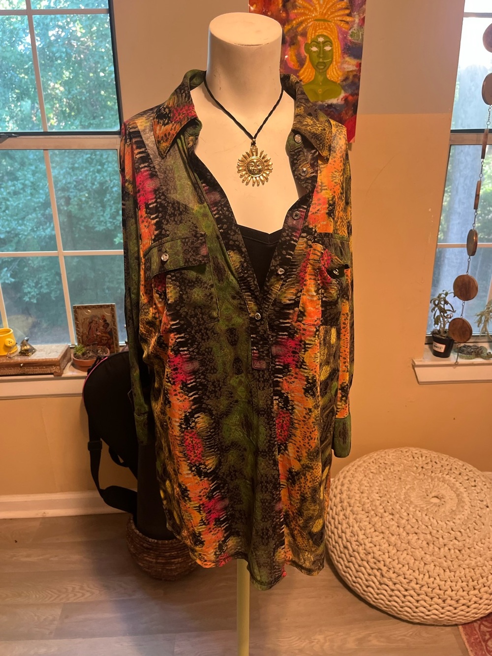 Artsy Women's Long Button-Front top with built in camo in Green Multi